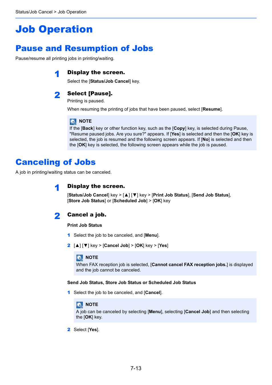 Job operation, Pause and resumption of jobs, Canceling of jobs | Job operation -13 | Kyocera Ecosys m2040dn User Manual | Page 244 / 410