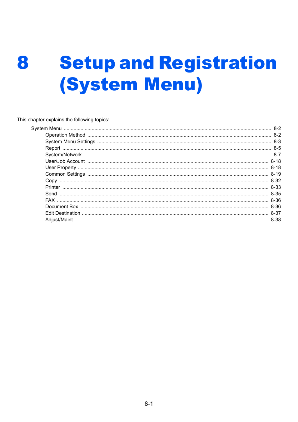 8 setup and registration (system menu), Setup and registration (system menu) -1, Setup and registration (system menu) | 8setup and registration (system menu) | Kyocera Ecosys m2040dn User Manual | Page 247 / 410