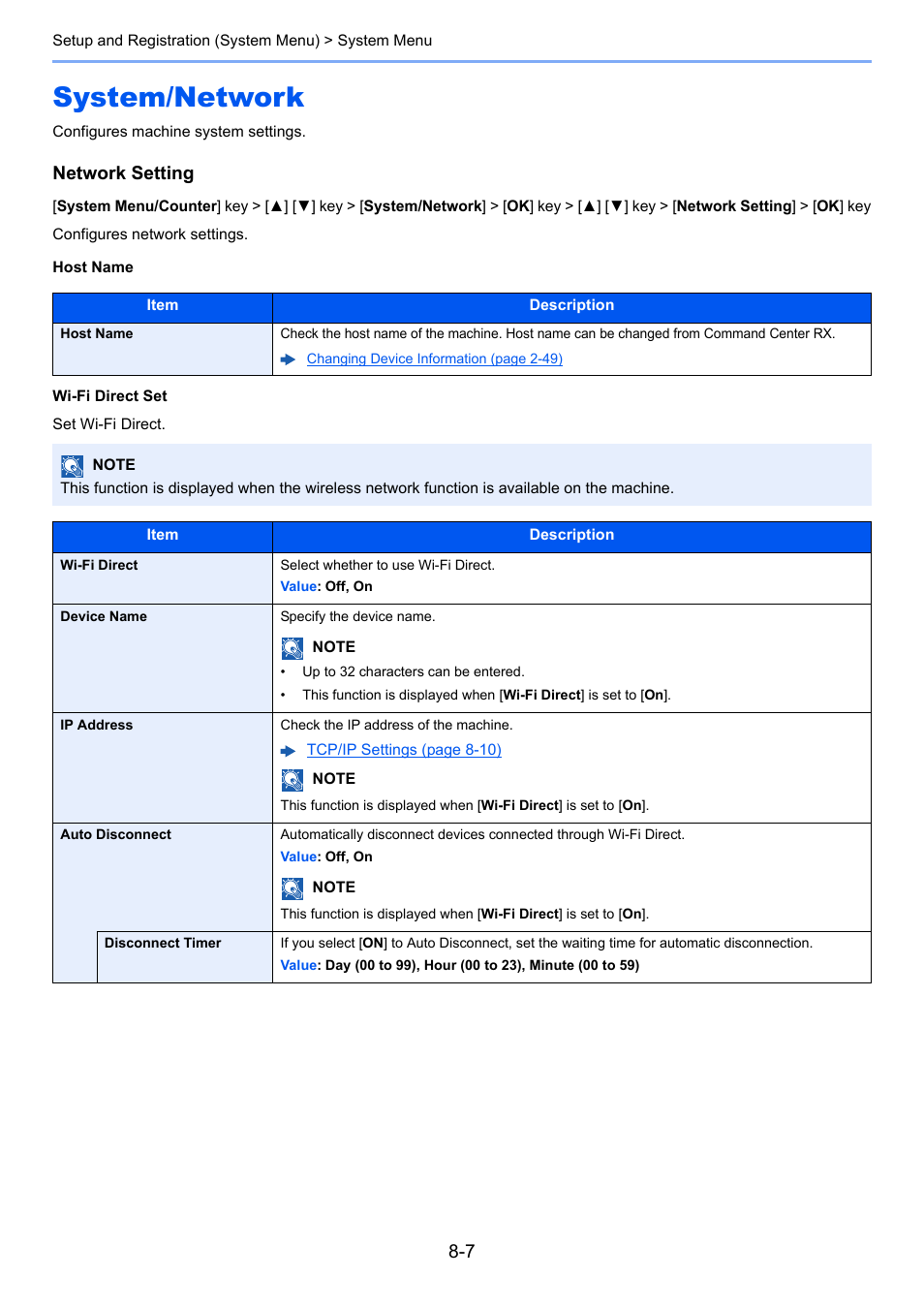 System/network, System/network -7, Host name | Network setting, Configures network settings | Kyocera Ecosys m2040dn User Manual | Page 253 / 410