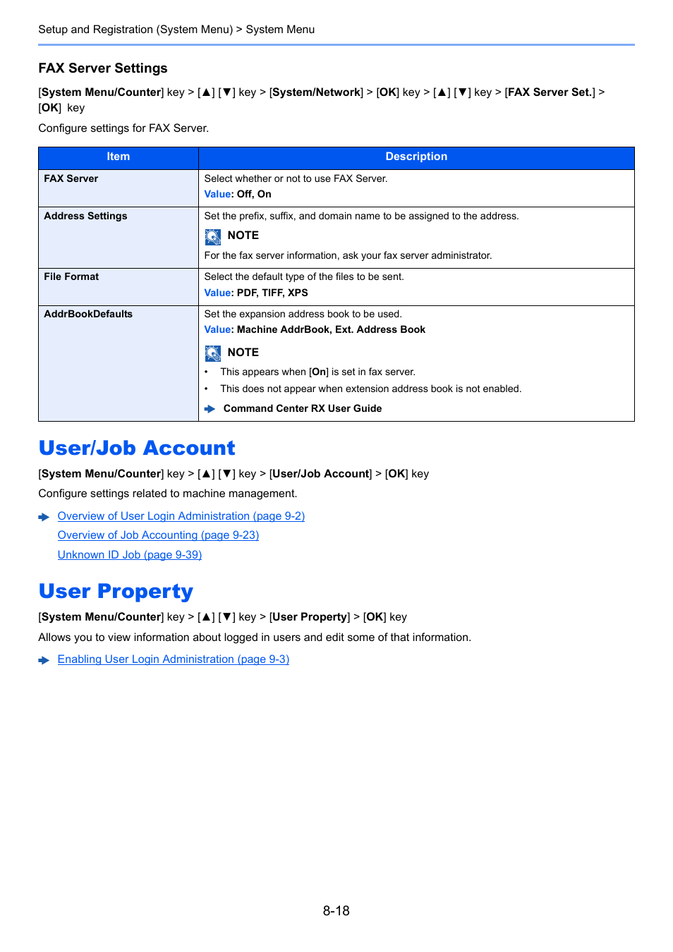 User/job account, User property, User/job account -18 user property -18 | Fax server settings, Configure settings for fax server | Kyocera Ecosys m2040dn User Manual | Page 264 / 410