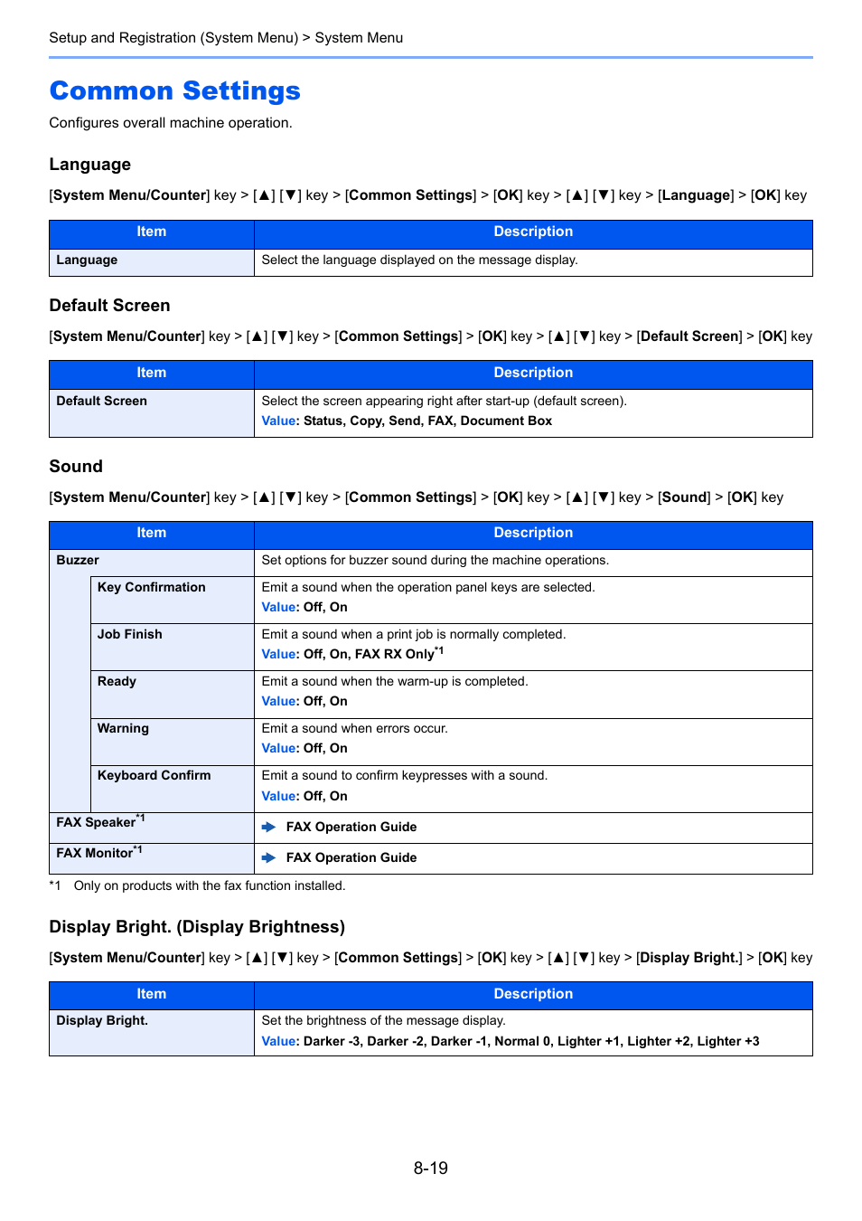 Common settings, Common settings -19, Language | Default screen, Sound, Display bright, Set the brightness of the message display, Display bright. (display brightness) | Kyocera Ecosys m2040dn User Manual | Page 265 / 410