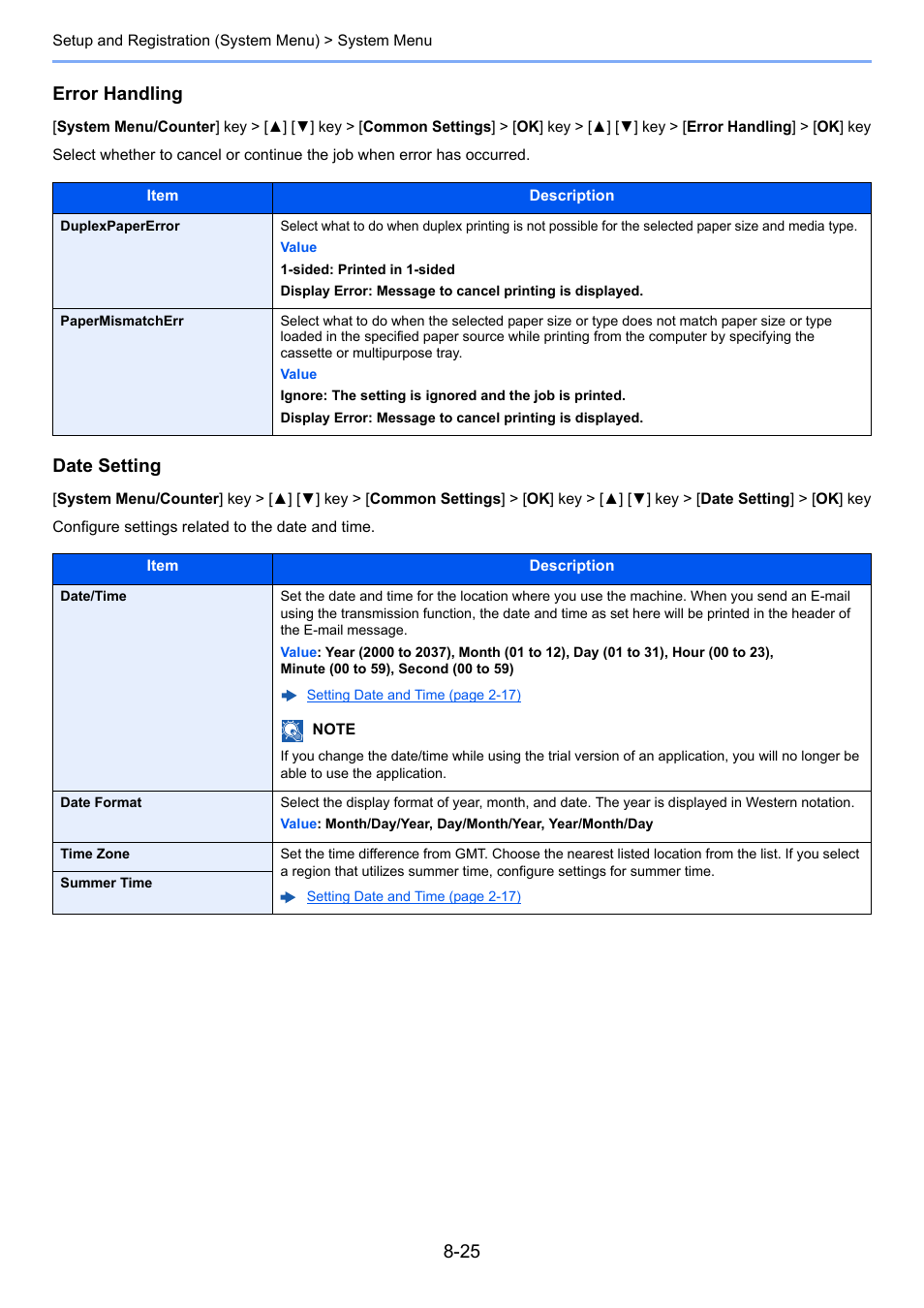 Tcherr, Error handling, Date setting | Configure settings related to the date and time | Kyocera Ecosys m2040dn User Manual | Page 271 / 410