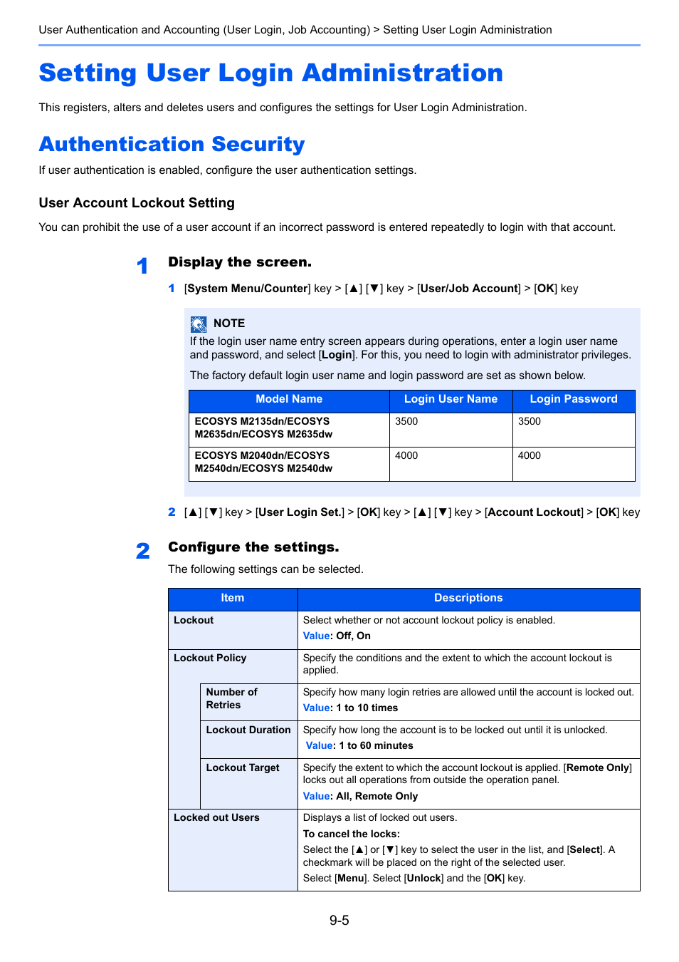 Setting user login administration, Authentication security, Setting user login administration -5 | Authentication security -5 | Kyocera Ecosys m2040dn User Manual | Page 289 / 410