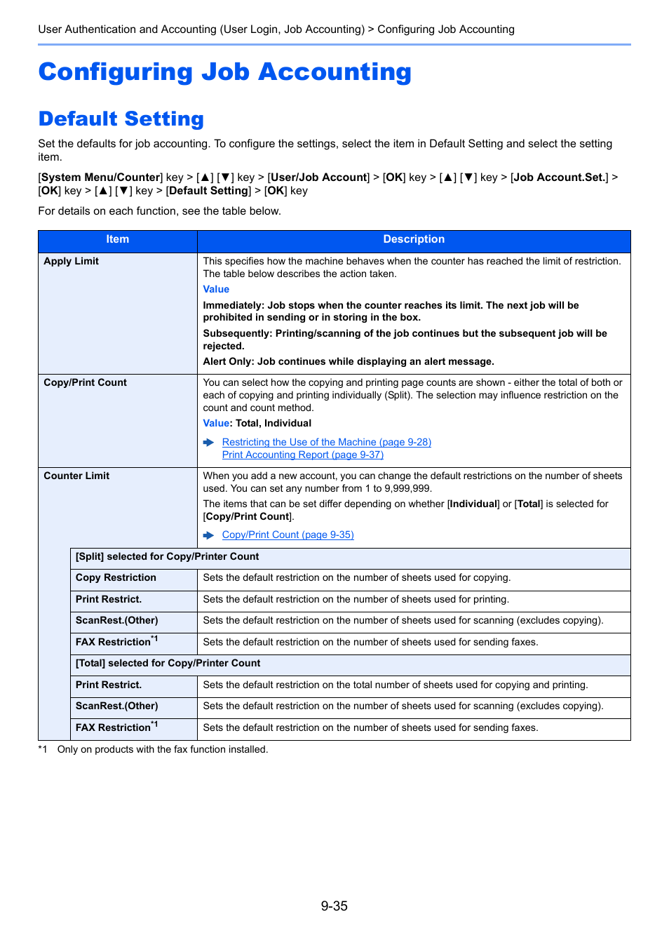 Configuring job accounting, Default setting, Configuring job accounting -35 | Default setting -35, Counter limit | Kyocera Ecosys m2040dn User Manual | Page 319 / 410