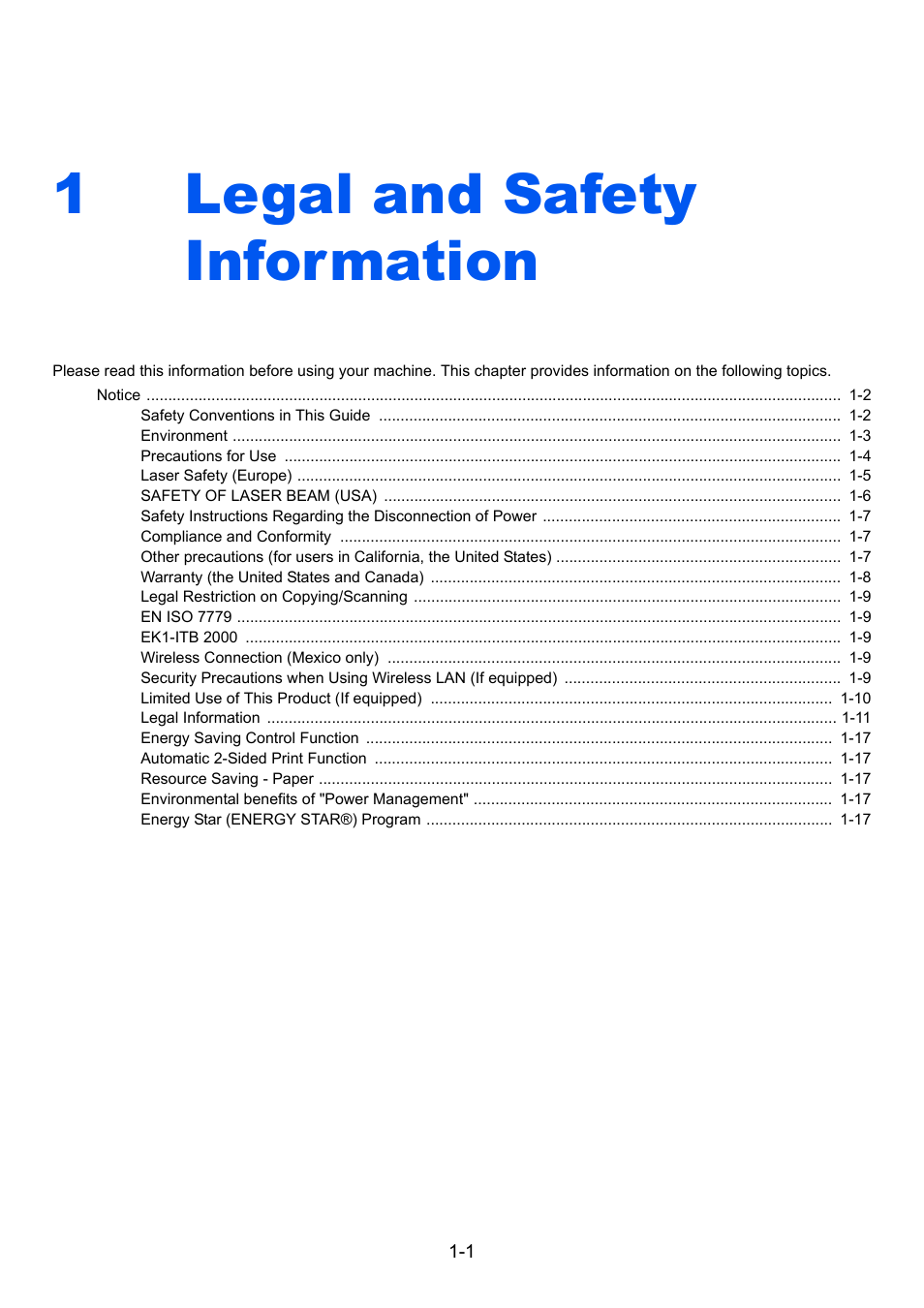 1 legal and safety information, Legal and safety information -1, Legal and safety information | 1legal and safety information | Kyocera Ecosys m2040dn User Manual | Page 32 / 410