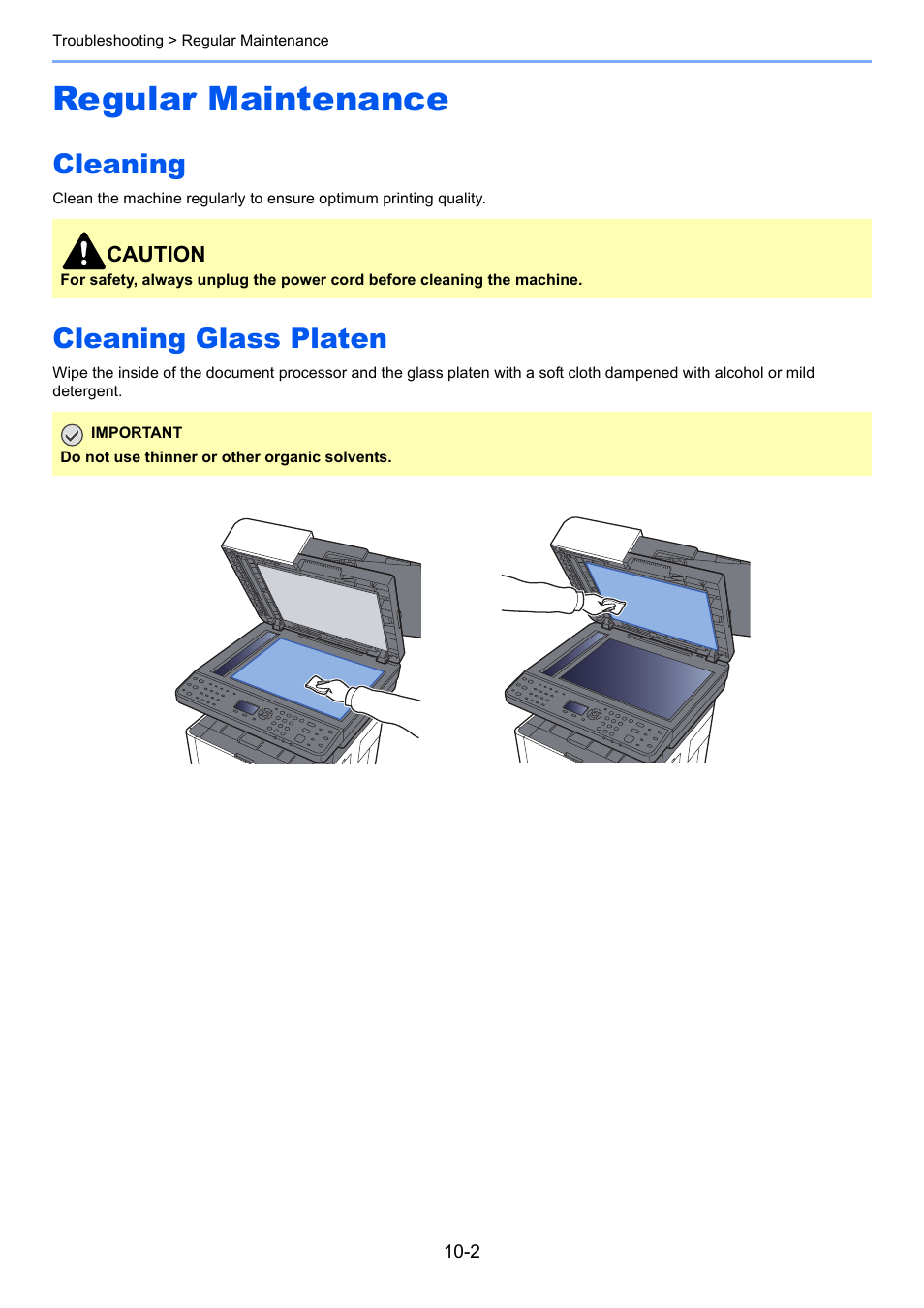 Regular maintenance, Cleaning, Cleaning glass platen | Regular maintenance -2, Cleaning -2 cleaning glass platen -2 | Kyocera Ecosys m2040dn User Manual | Page 326 / 410