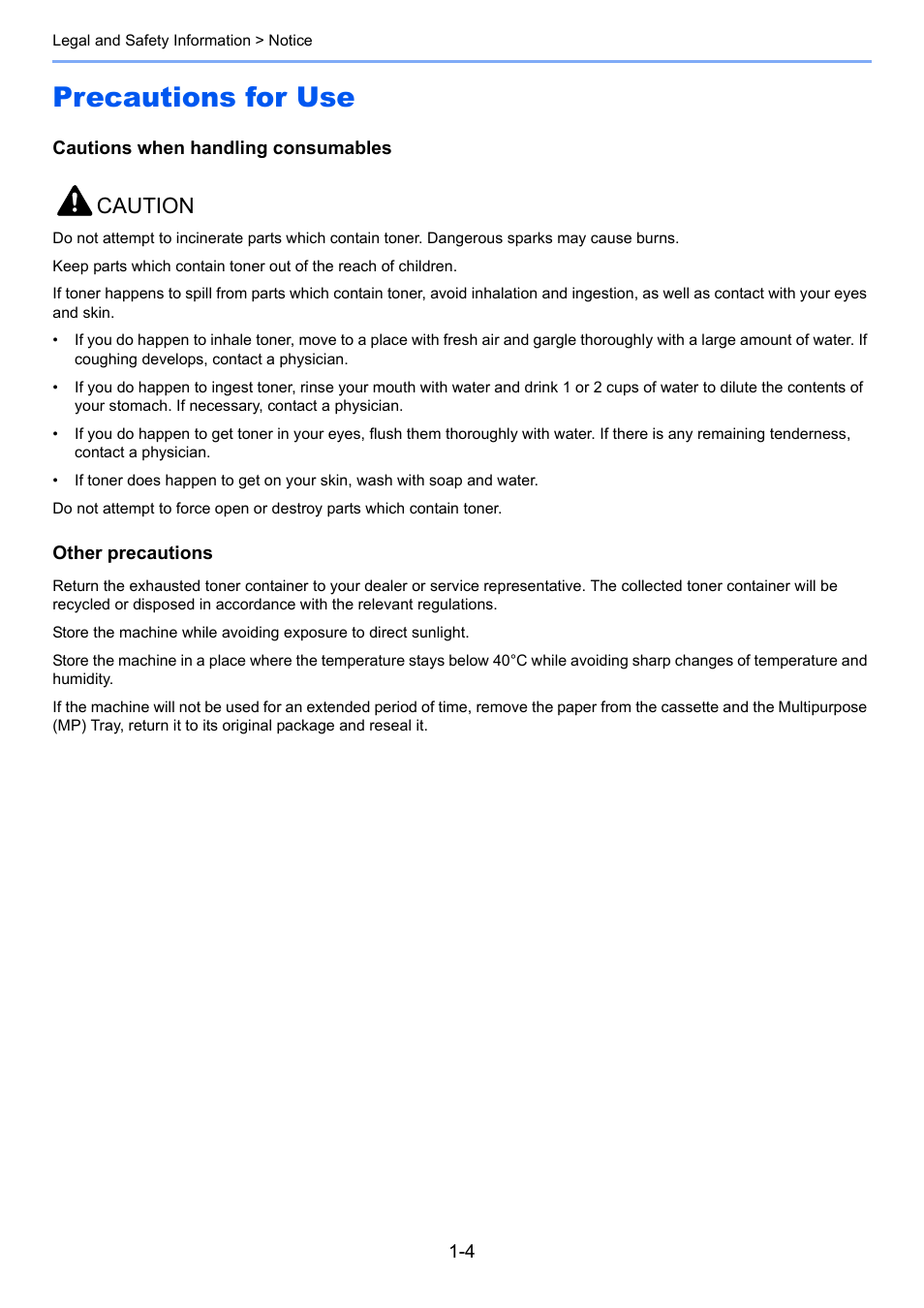 Precautions for use, Precautions for use -4, Caution | Kyocera Ecosys m2040dn User Manual | Page 35 / 410