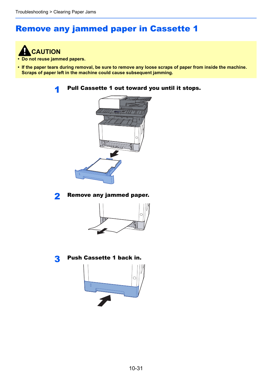 Remove any jammed paper in cassette 1, Remove any jammed paper in cassette 1 -31 | Kyocera Ecosys m2040dn User Manual | Page 355 / 410