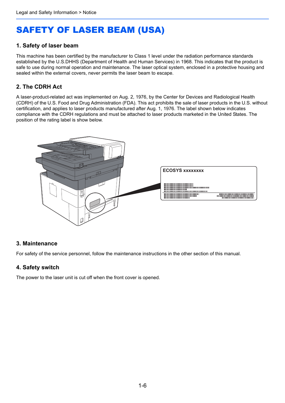 Safety of laser beam (usa), Safety of laser beam (usa) -6 | Kyocera Ecosys m2040dn User Manual | Page 37 / 410