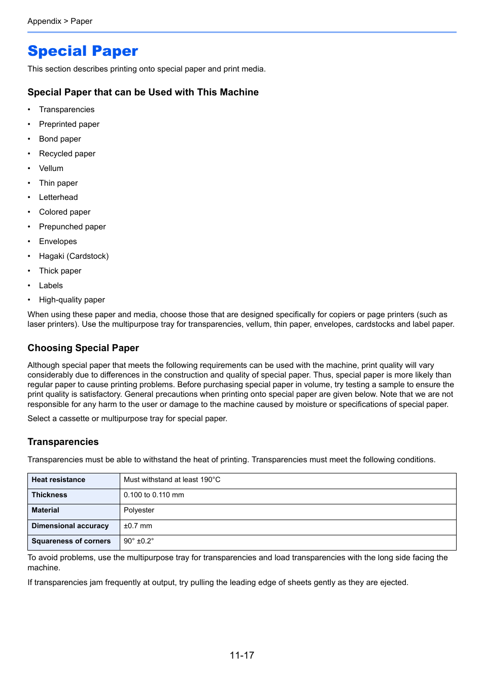 Special paper, Special paper -17, Special paper that can be used with this machine | Choosing special paper, Transparencies | Kyocera Ecosys m2040dn User Manual | Page 388 / 410
