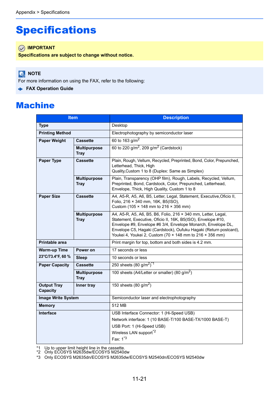 Specifications, Machine, Specifications -21 | Machine -21 | Kyocera Ecosys m2040dn User Manual | Page 392 / 410