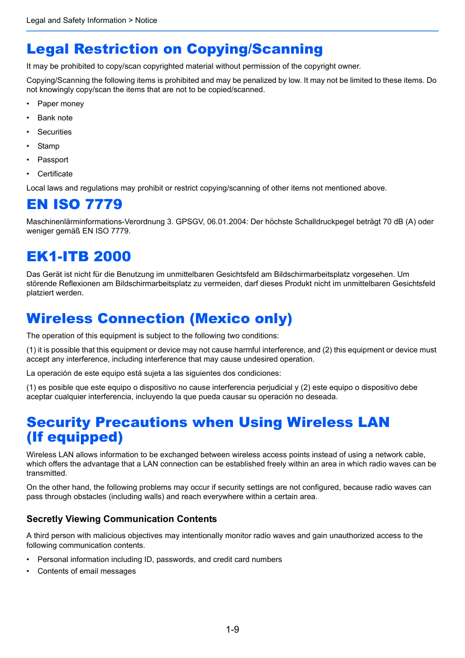 Legal restriction on copying/scanning, En iso 7779, Ek1-itb 2000 | Wireless connection (mexico only) | Kyocera Ecosys m2040dn User Manual | Page 40 / 410