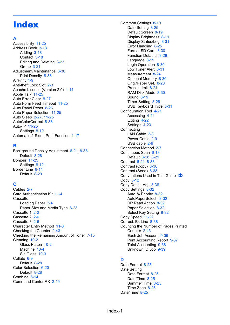 Index, Index -1, Index-1 | Kyocera Ecosys m2040dn User Manual | Page 401 / 410