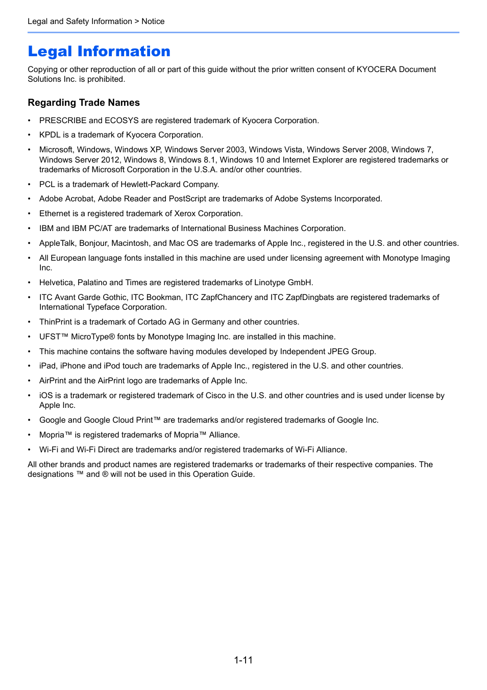 Legal information, Legal information -11 | Kyocera Ecosys m2040dn User Manual | Page 42 / 410