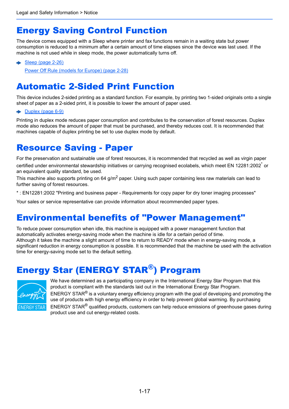 Energy saving control function, Automatic 2-sided print function, Resource saving - paper | Environmental benefits of "power management, Energy star (energy star®) program, Energy star (energy star, Program | Kyocera Ecosys m2040dn User Manual | Page 48 / 410