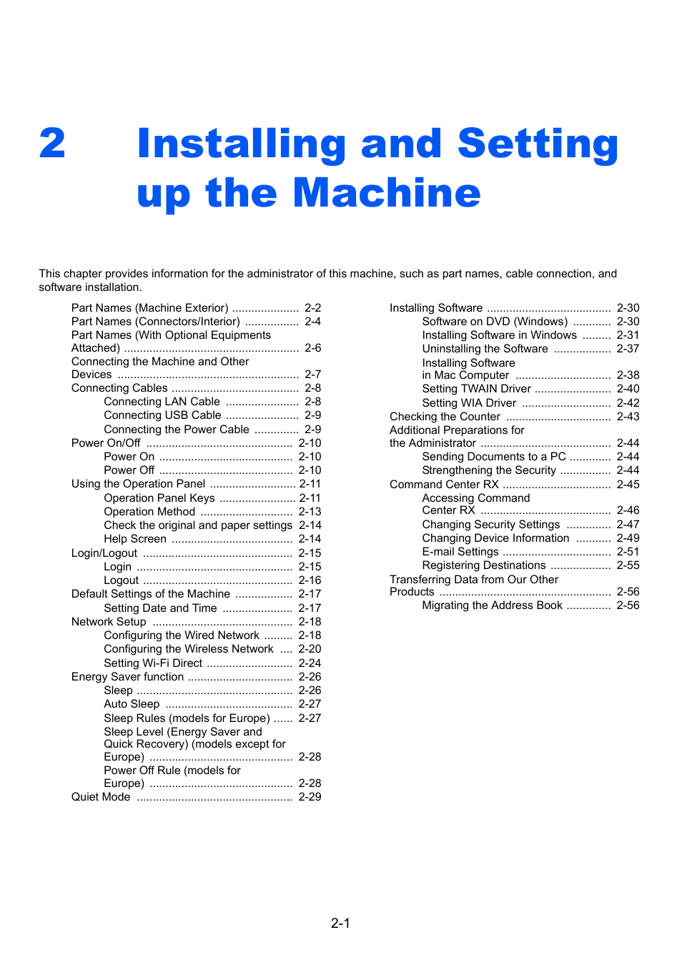 2 installing and setting up the machine, Installing and setting up the machine -1, Installing and setting up the machine | 2installing and setting up the machine | Kyocera Ecosys m2040dn User Manual | Page 49 / 410