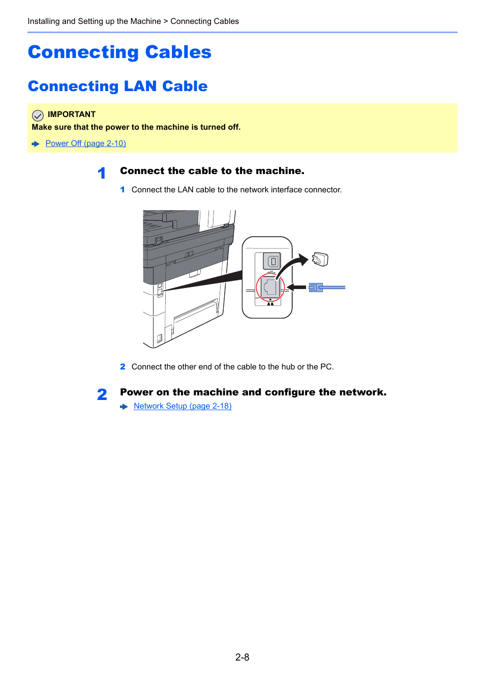 Connecting cables, Connecting lan cable, Connecting cables -8 | Connecting lan cable -8 | Kyocera Ecosys m2040dn User Manual | Page 56 / 410