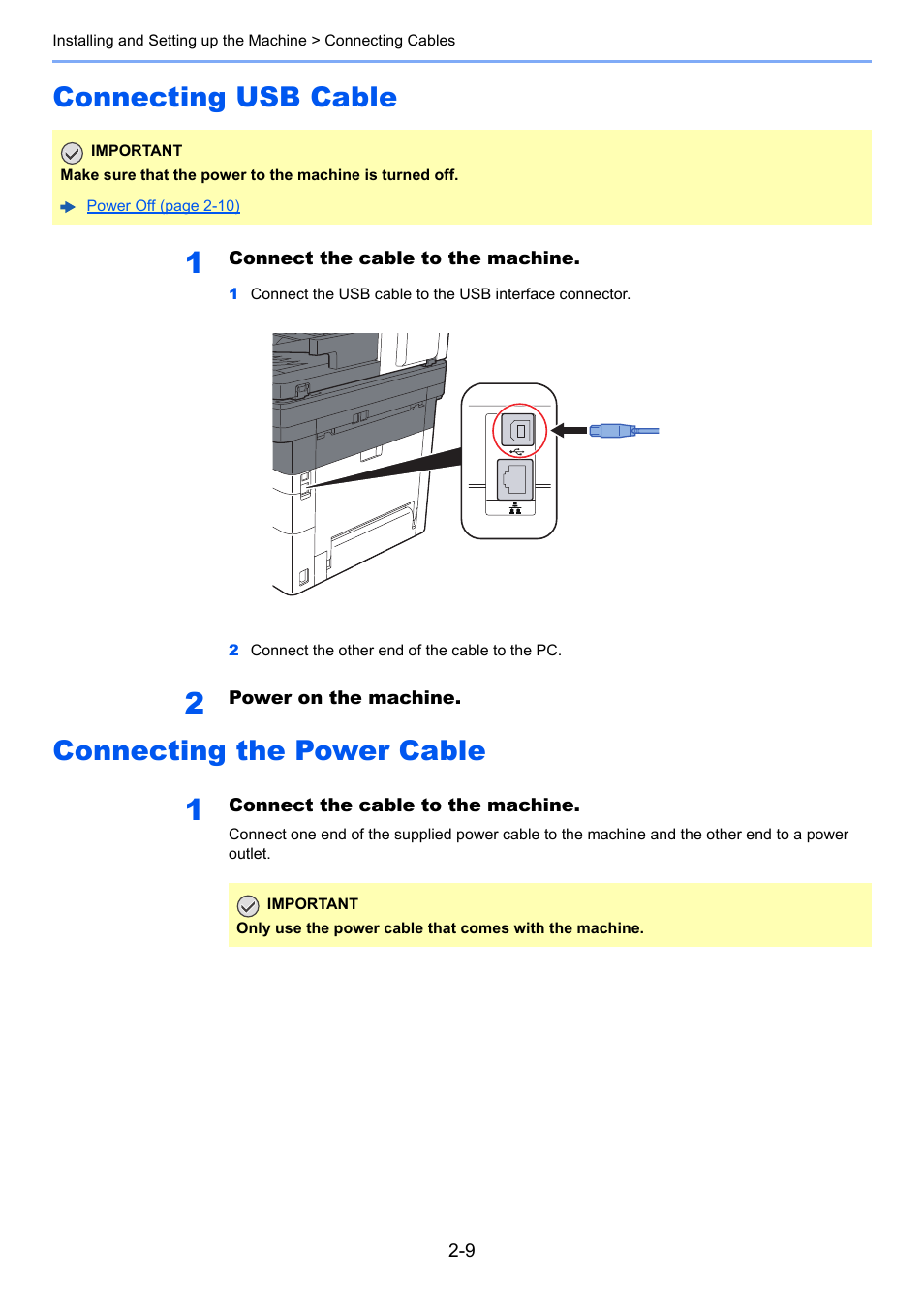 Connecting usb cable, Connecting the power cable | Kyocera Ecosys m2040dn User Manual | Page 57 / 410