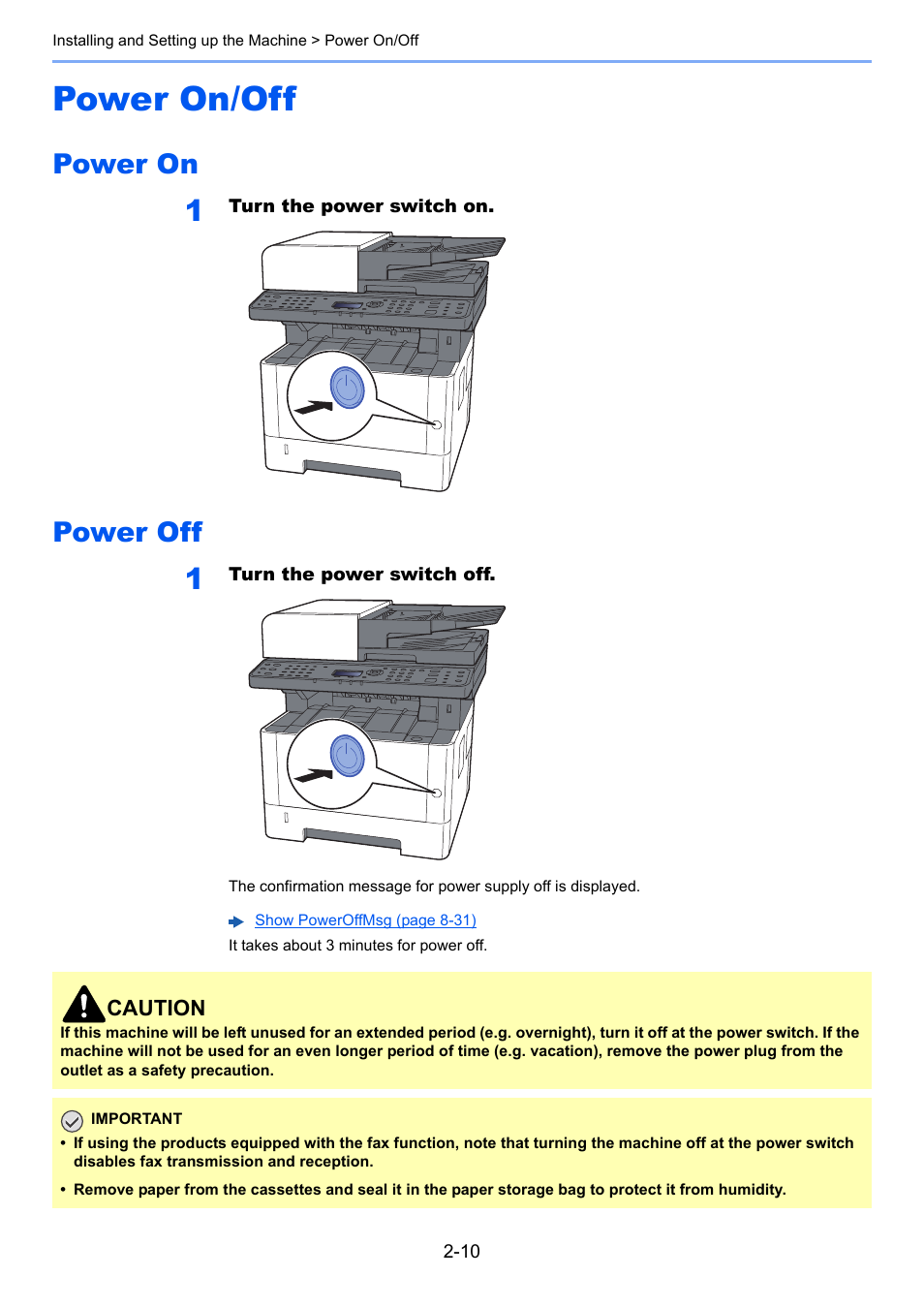 Power on/off, Power on, Power off | Power on/off -10, Power on -10 power off -10 | Kyocera Ecosys m2040dn User Manual | Page 58 / 410