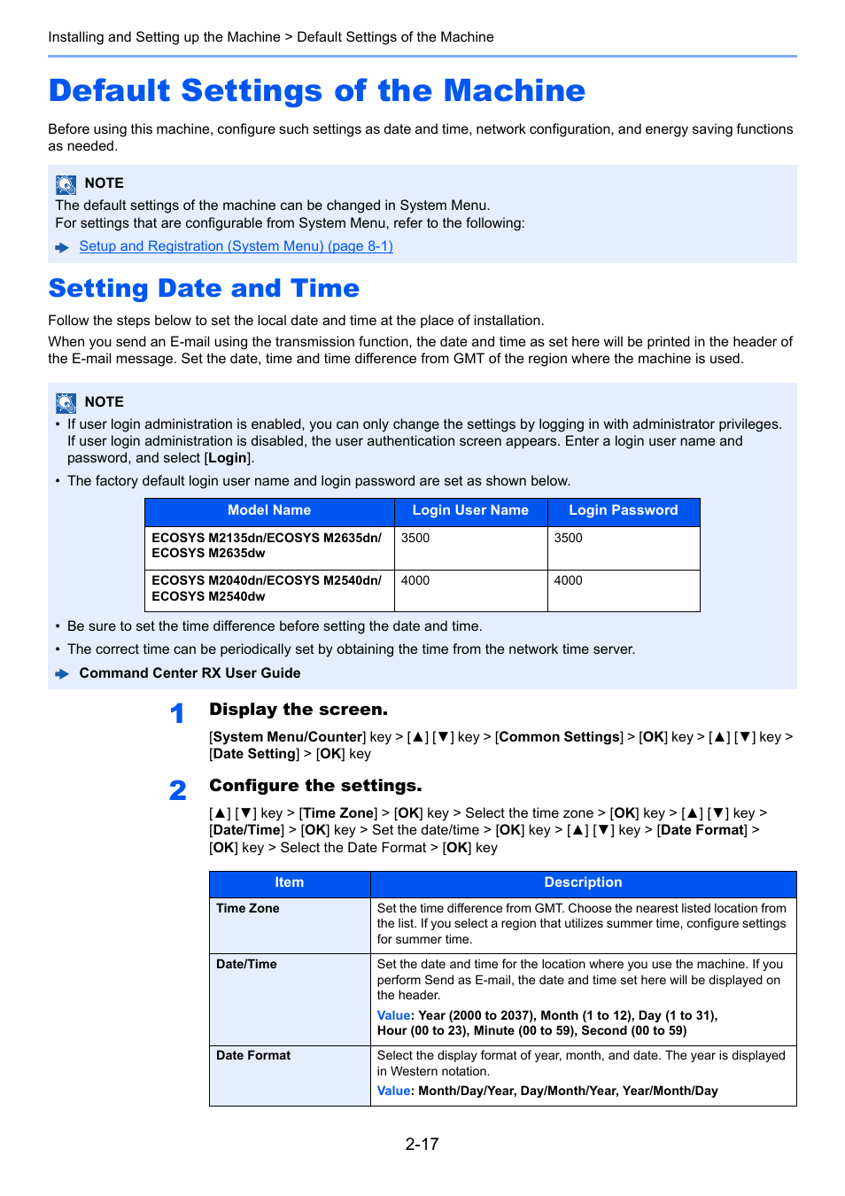 Default settings of the machine, Setting date and time, Default settings of the machine -17 | Setting date and time -17 | Kyocera Ecosys m2040dn User Manual | Page 65 / 410