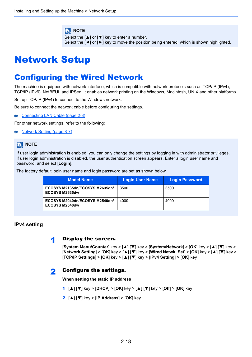 Network setup, Configuring the wired network, Network setup -18 | Configuring the wired network -18 | Kyocera Ecosys m2040dn User Manual | Page 66 / 410