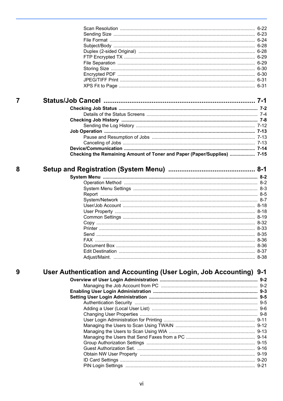 7status/job cancel -1, 8setup and registration (system menu) -1 | Kyocera Ecosys m2040dn User Manual | Page 7 / 410