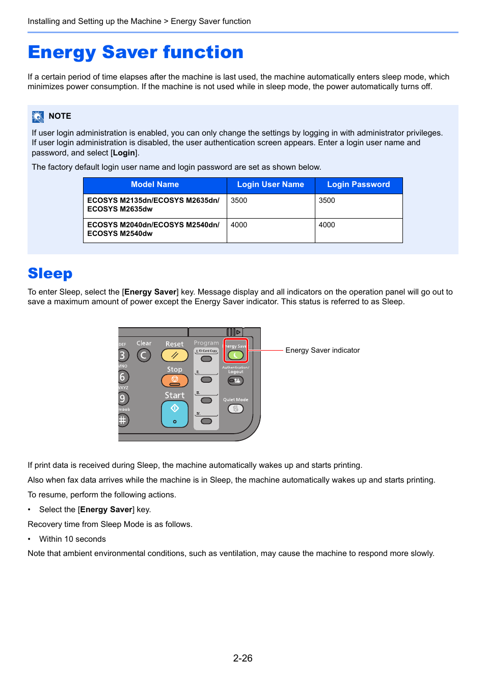 Energy saver function, Sleep, Energy saver function -26 | Sleep -26 | Kyocera Ecosys m2040dn User Manual | Page 74 / 410