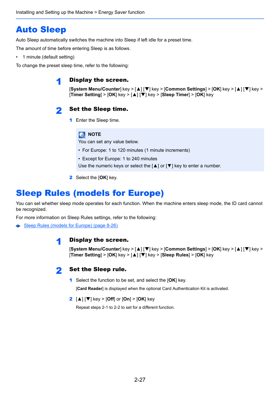 Auto sleep, Sleep rules (models for europe), Auto sleep -27 sleep rules (models for europe) -27 | Kyocera Ecosys m2040dn User Manual | Page 75 / 410