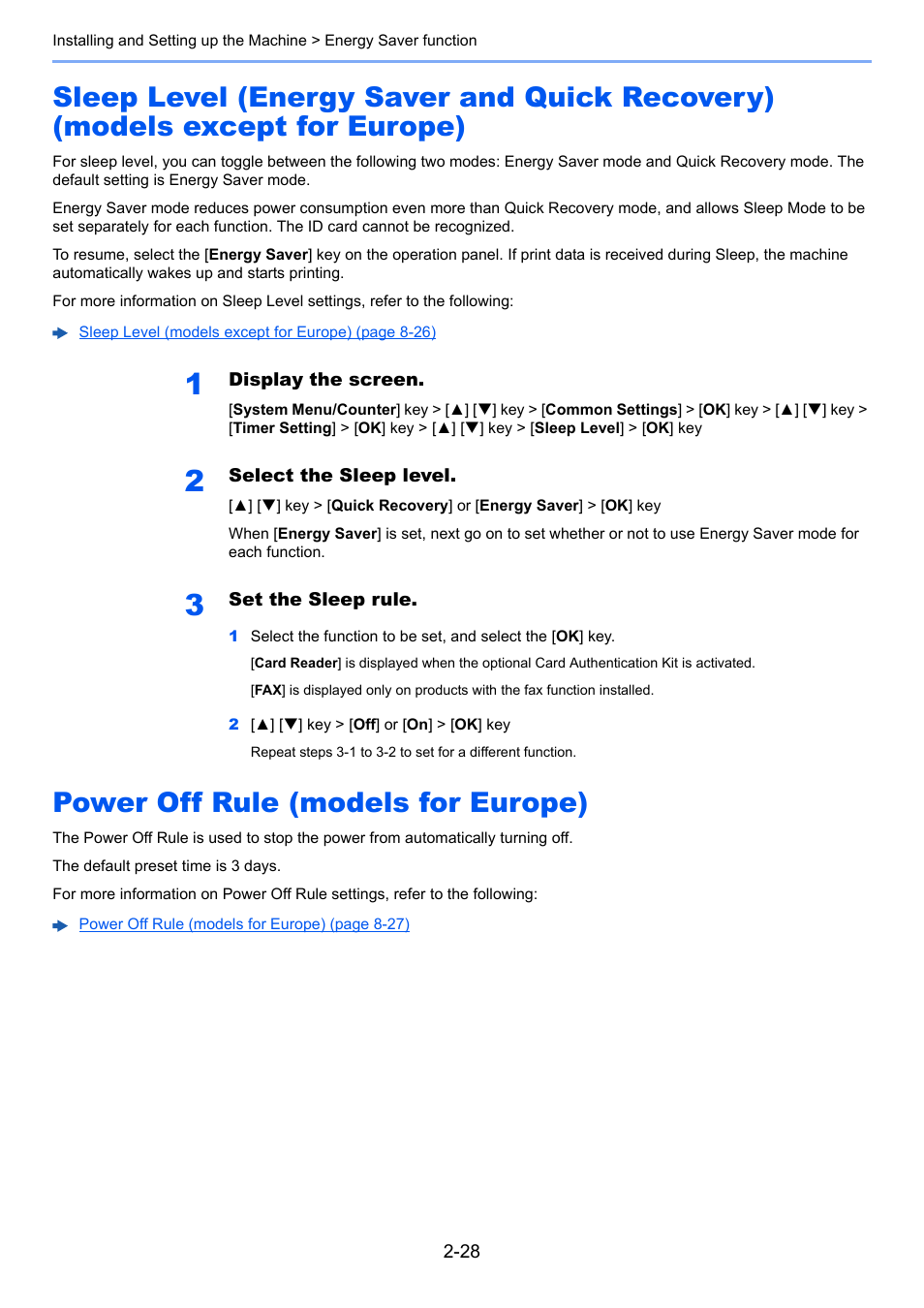 Power off rule (models for europe), Sleep level (energy saver and, Quick recovery) (models except for | Europe) -28 power off rule (models for, Europe) -28 | Kyocera Ecosys m2040dn User Manual | Page 76 / 410