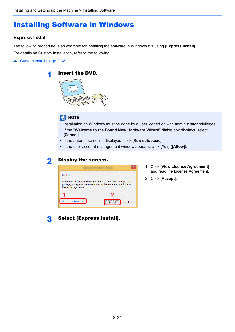 Installing software in windows, Installing software in windows -31 | Kyocera Ecosys m2040dn User Manual | Page 79 / 410