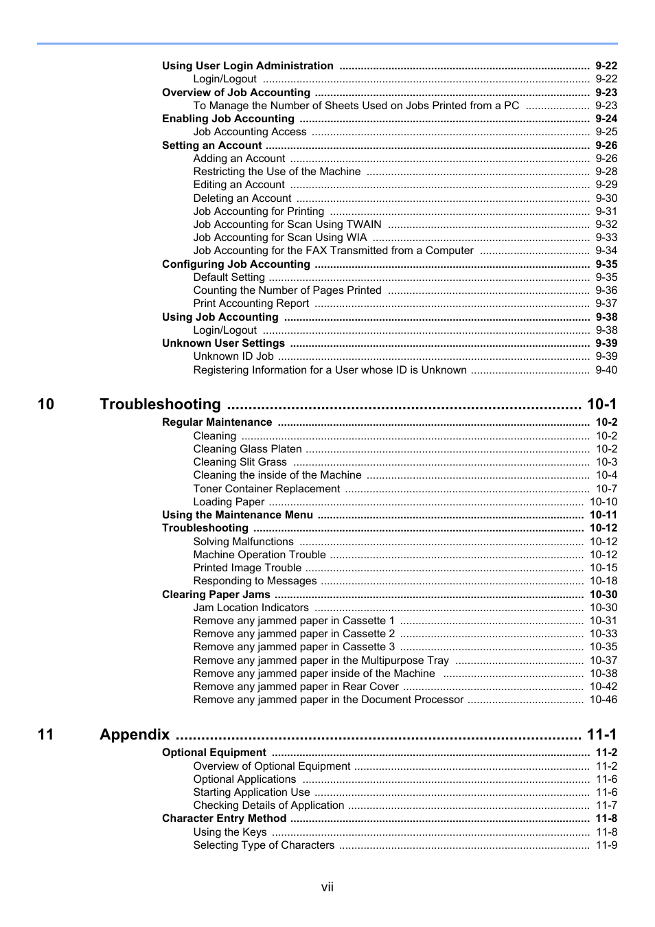 10 troubleshooting -1, 11 appendix -1 | Kyocera Ecosys m2040dn User Manual | Page 8 / 410