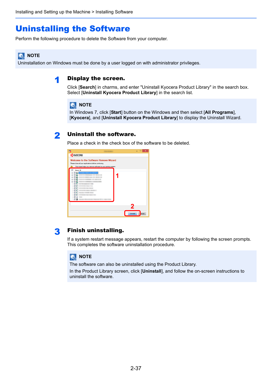 Uninstalling the software, Uninstalling the software -37 | Kyocera Ecosys m2040dn User Manual | Page 85 / 410