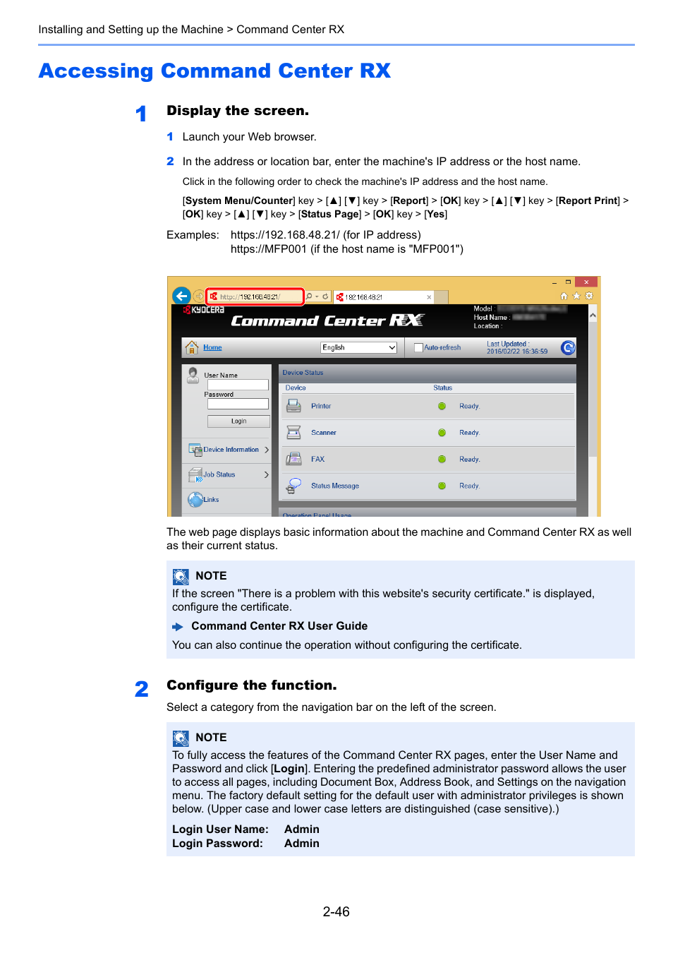 Accessing command center rx, Accessing command center rx -46, Accessing command | Center rx -46 | Kyocera Ecosys m2040dn User Manual | Page 94 / 410