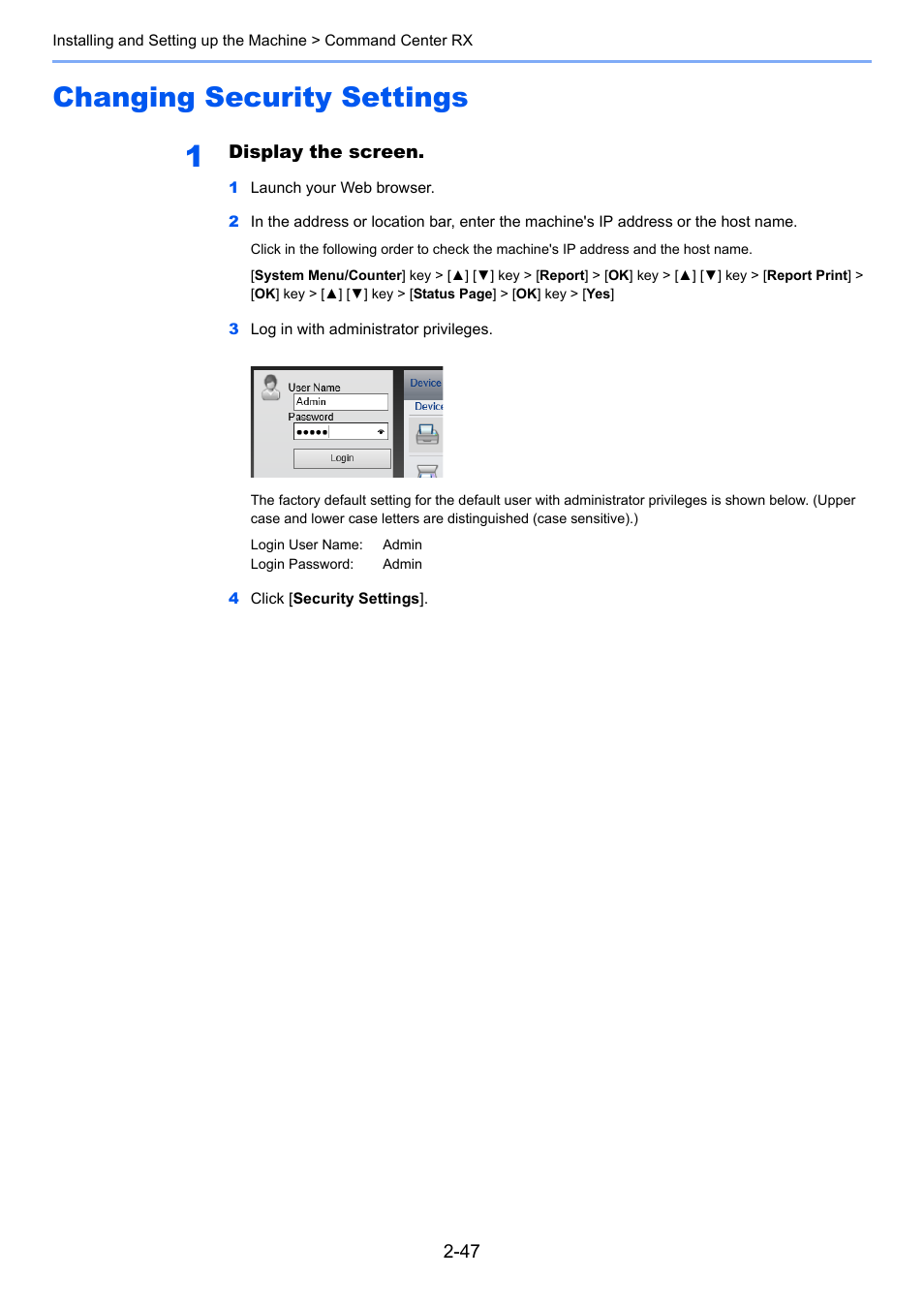 Changing security settings, Changing security settings -47 | Kyocera Ecosys m2040dn User Manual | Page 95 / 410