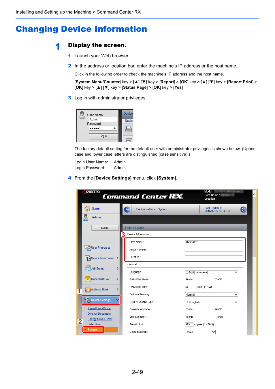 Changing device information, Changing device information -49 | Kyocera Ecosys m2040dn User Manual | Page 97 / 410
