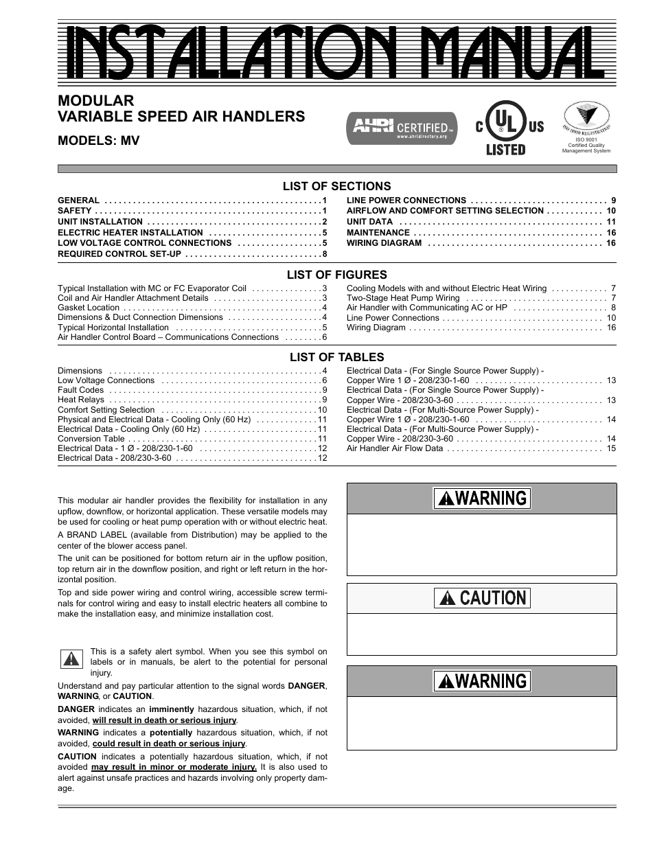 Installation manual, Modular variable speed air handlers, Models: mv | List of figures, List of tables | Thermo Pride Air Handler MA User Manual | Page 17 / 32