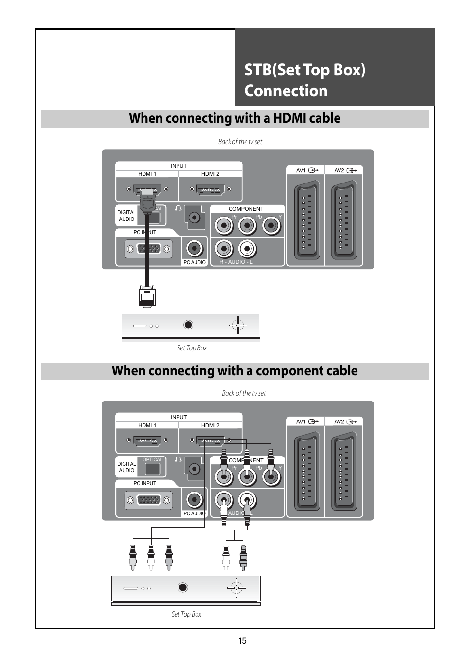 Stb(set top box) connection, When connecting with a hdmi cable, When connecting with a component cable | Daewoo DLT-42G1 User Manual | Page 15 / 56