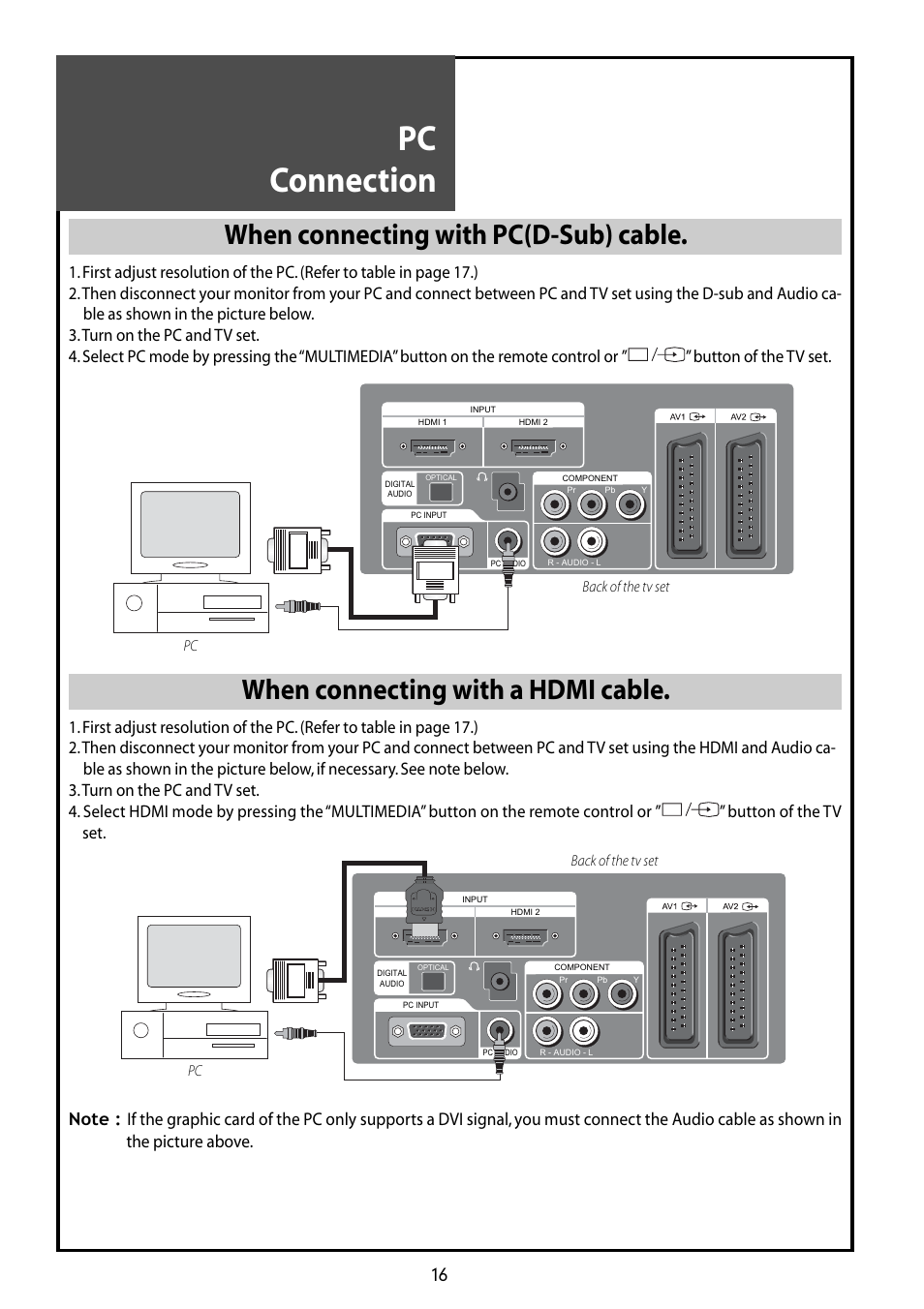 Pc connection, When connecting with pc(d-sub) cable, When connecting with a hdmi cable | Daewoo DLT-42G1 User Manual | Page 16 / 56