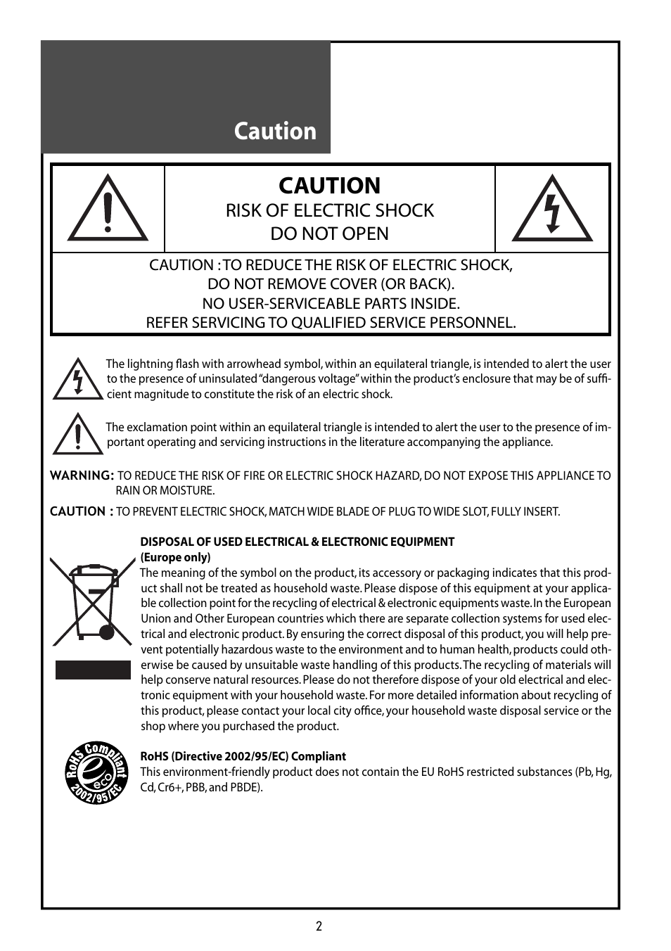 Caution, Risk of electric shock do not open | Daewoo DLT-42G1 User Manual | Page 2 / 56