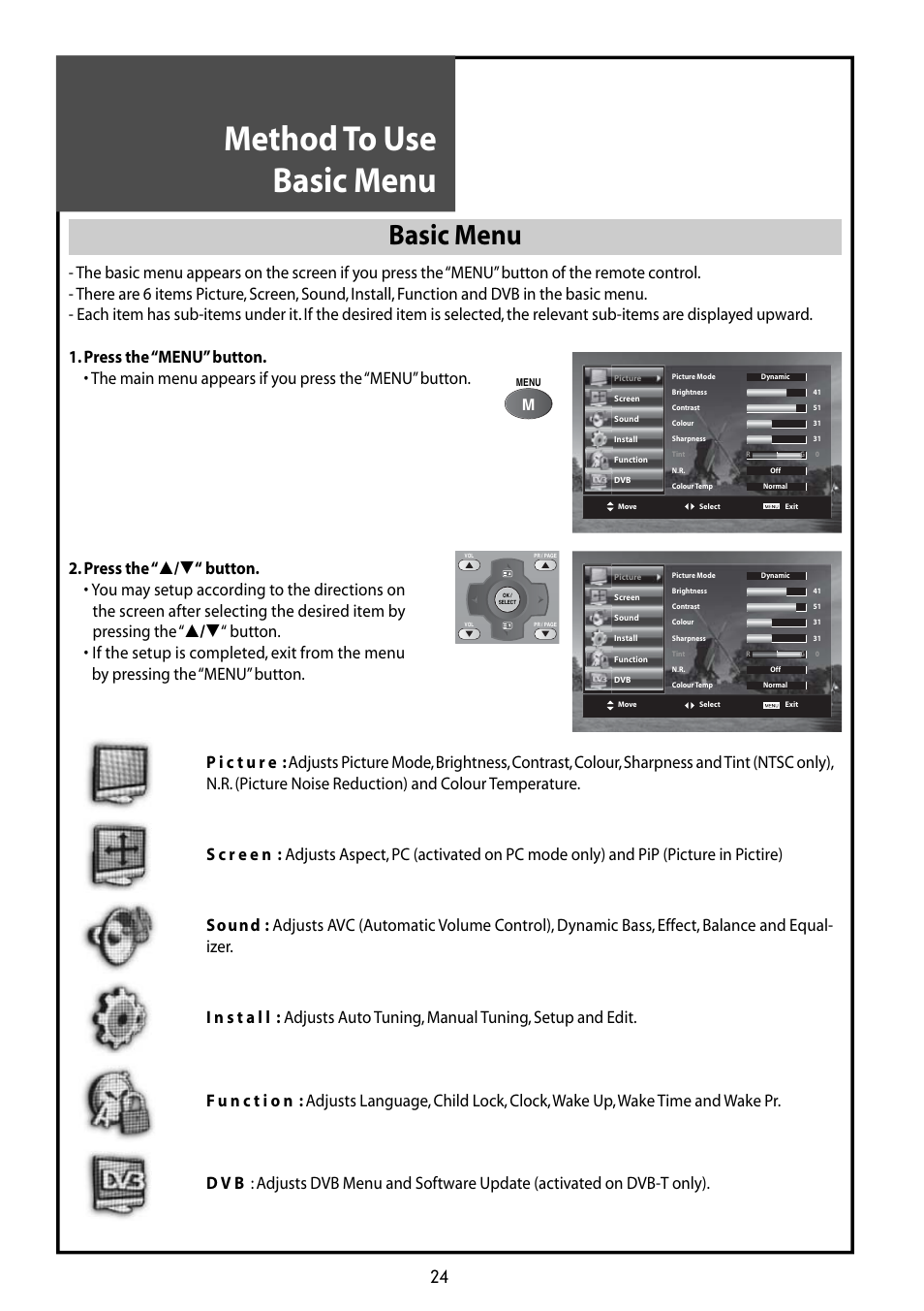 Method to use basic menu, Basic menu | Daewoo DLT-42G1 User Manual | Page 24 / 56