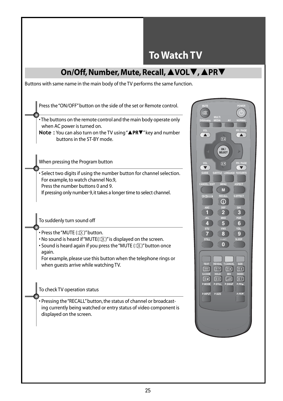 On/off, number, mute, recall, vol , pr | Daewoo DLT-42G1 User Manual | Page 25 / 56