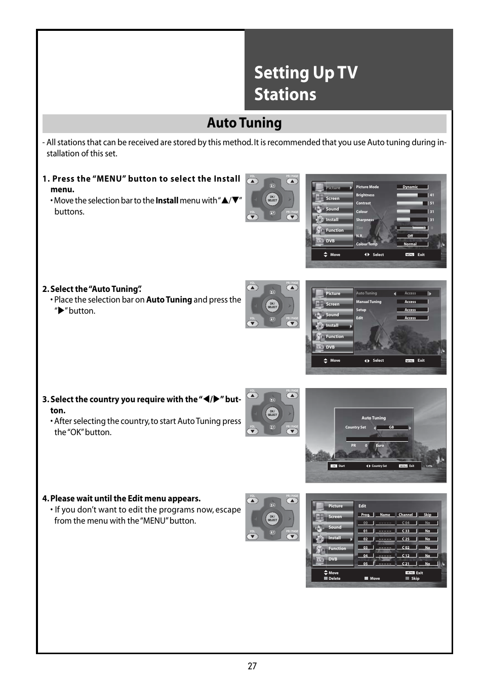 Setting up tv stations, Auto tuning | Daewoo DLT-42G1 User Manual | Page 27 / 56
