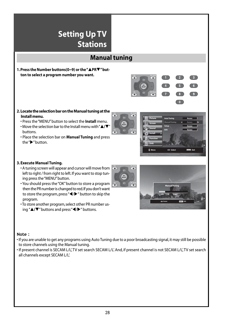 Setting up tv stations, Manual tuning | Daewoo DLT-42G1 User Manual | Page 28 / 56