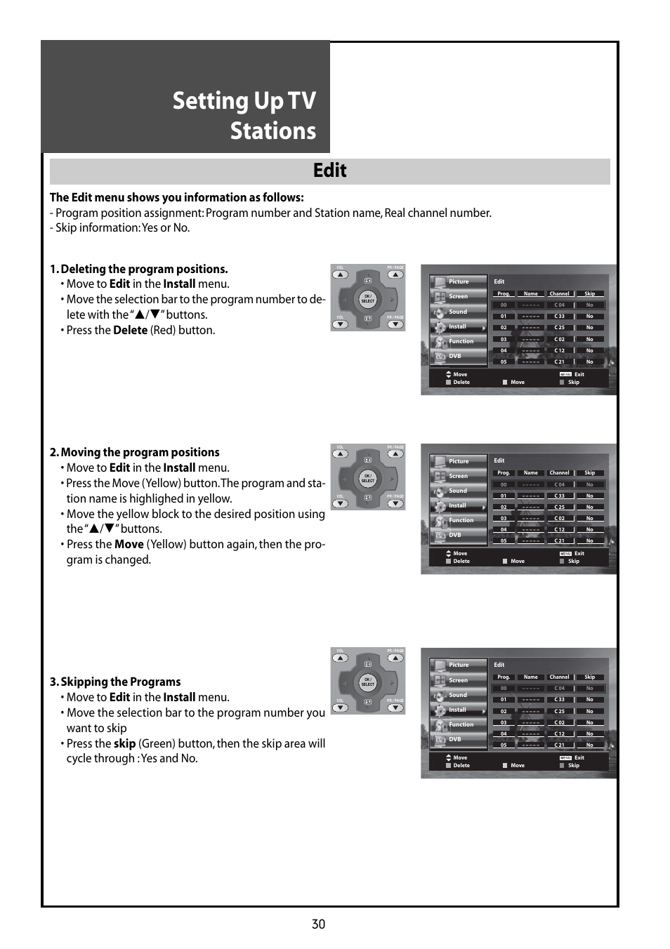 Setting up tv stations, Edit | Daewoo DLT-42G1 User Manual | Page 30 / 56