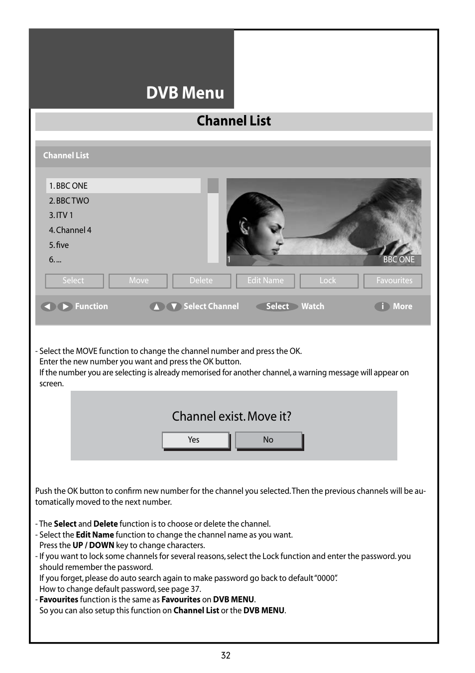 Dvb menu, Channel list, Channel exist. move it | Daewoo DLT-42G1 User Manual | Page 32 / 56