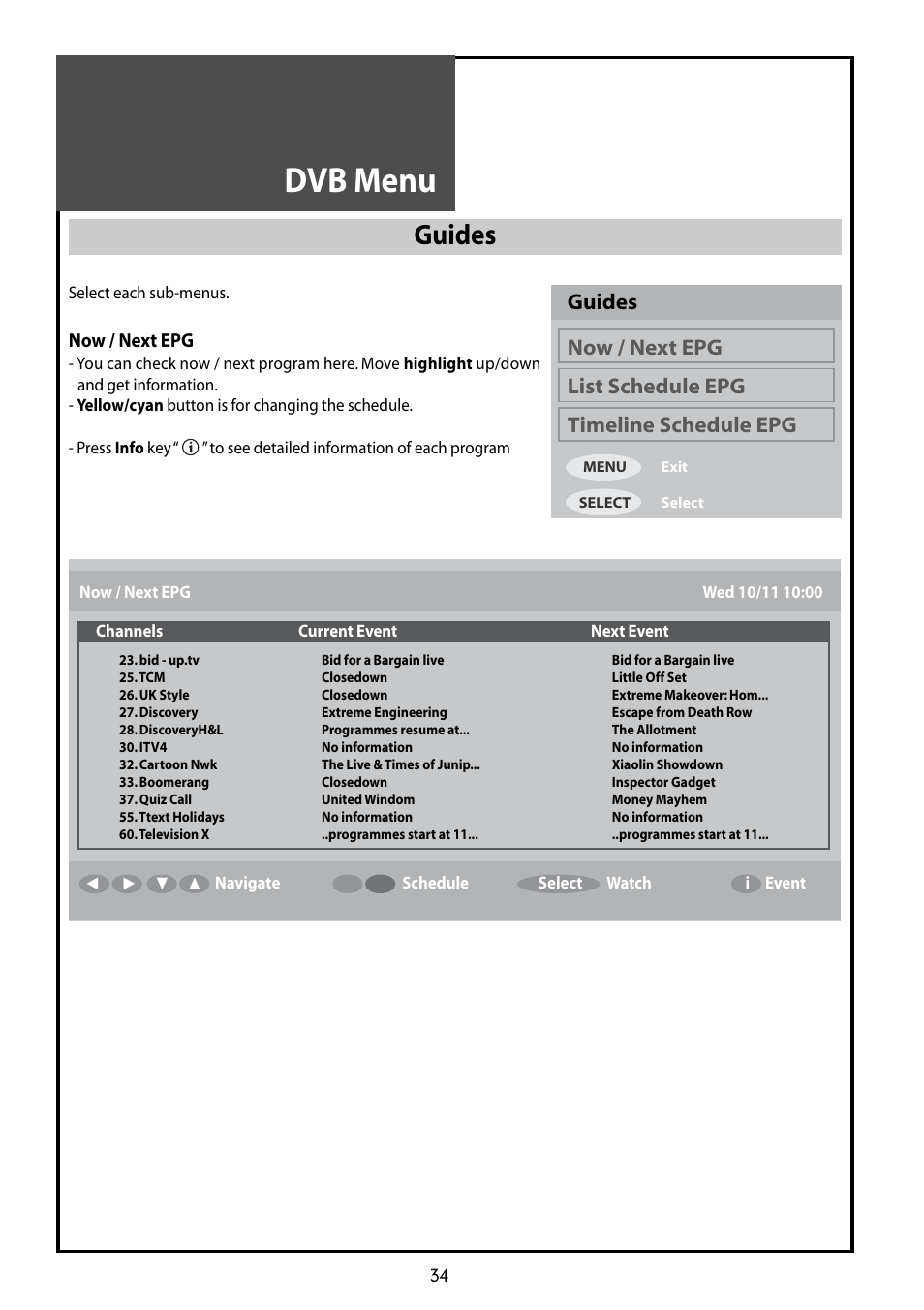Dvb menu, Guides, Now / next epg | Daewoo DLT-42G1 User Manual | Page 34 / 56