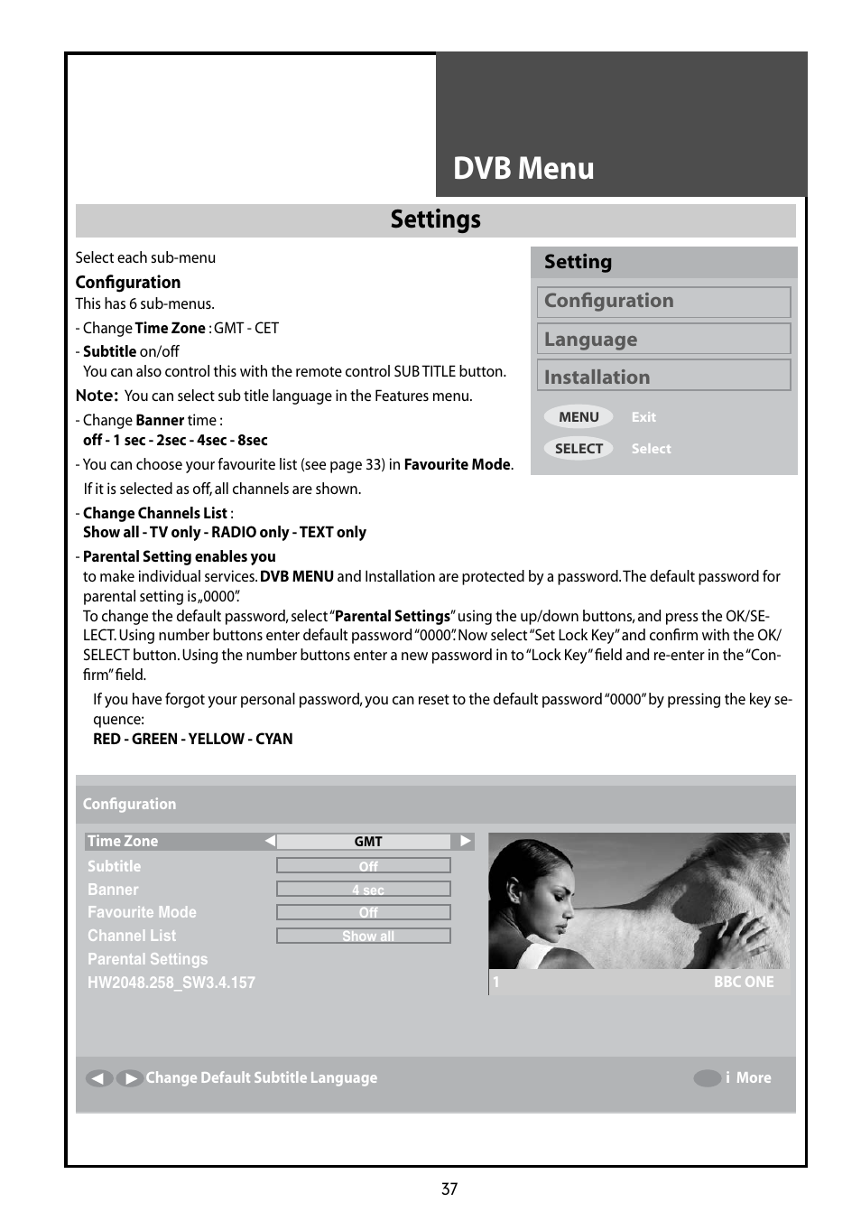 Dvb menu, Settings, Setting configuration language installation | Daewoo DLT-42G1 User Manual | Page 37 / 56