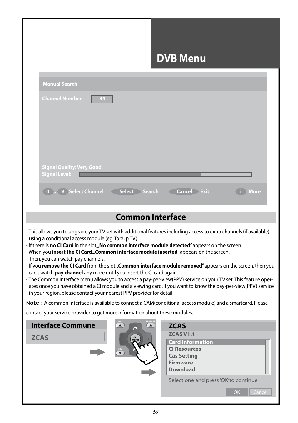 Dvb menu, Common interface, Interface commune zcas zcas | Daewoo DLT-42G1 User Manual | Page 39 / 56