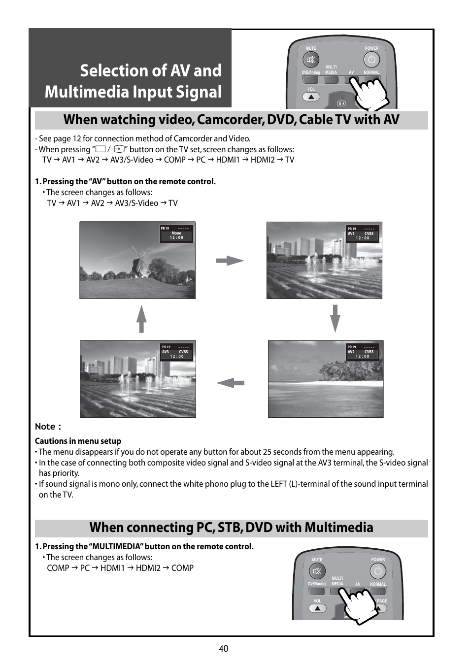 Selection of av and multimedia input signal, When connecting pc, stb, dvd with multimedia | Daewoo DLT-42G1 User Manual | Page 40 / 56