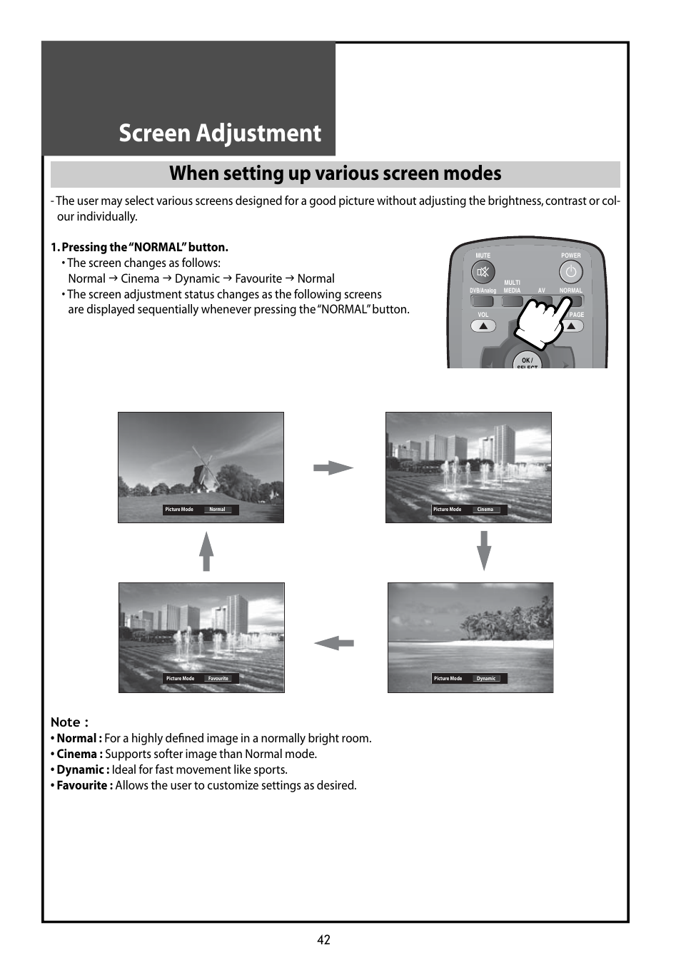 Screen adjustment, When setting up various screen modes | Daewoo DLT-42G1 User Manual | Page 42 / 56
